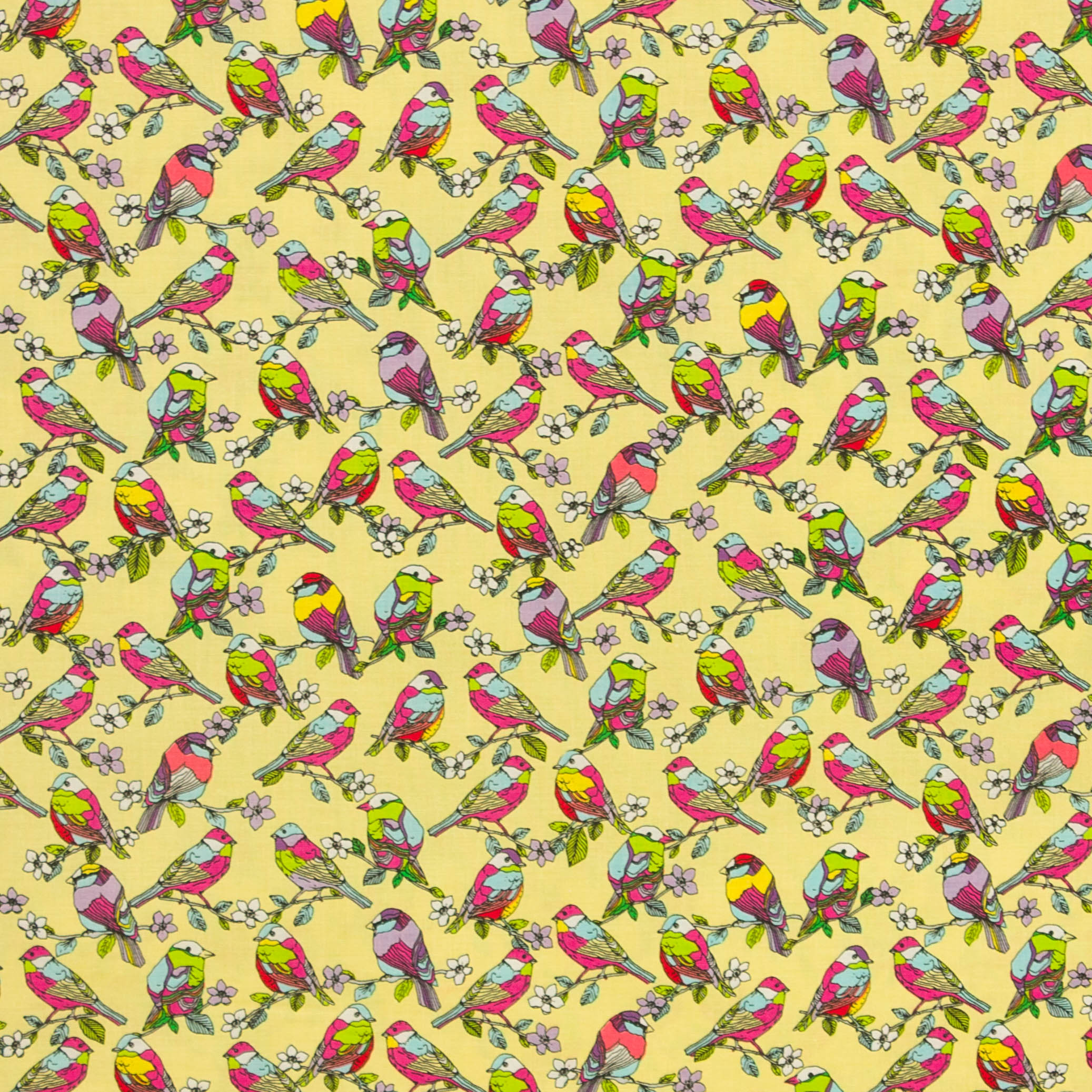 Gele katoen met kleurrijke vogels